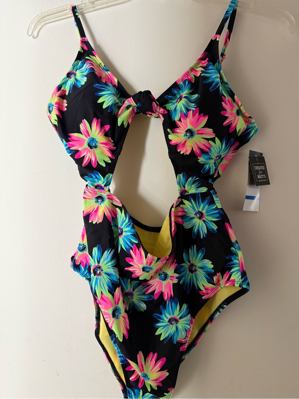 Macy's Black One-Piece Swimsuit with Neon Pink & Blue Daisy Print